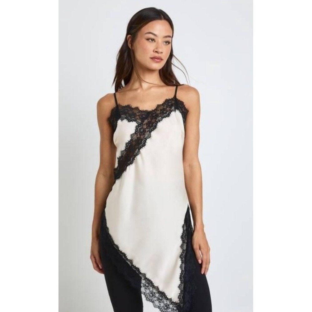 Cider Satin Asymmetrical Black Lace Trim Cami Top Cream S Coquette